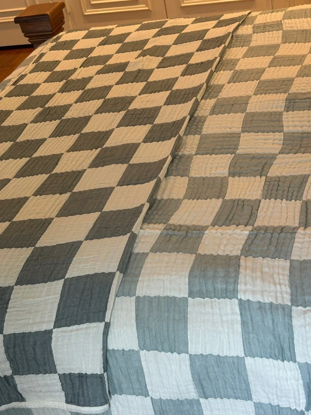 Dark Teal Gray Check Throw Blanket Cotton Bamboo Blend Patchwork Quilt Style NEW